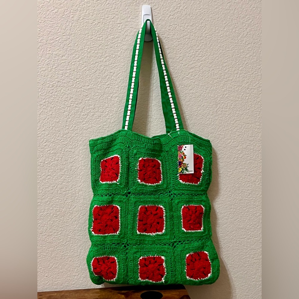 Handcrafted Green Crochet Tote with Red Accents! Watermelon Tote!! 🍉